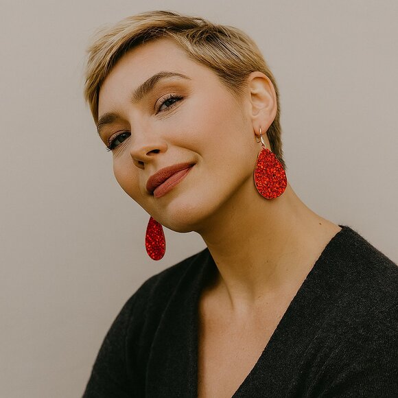 None Jewelry - Disco Glittered Teardrop Shape Dangle Earrings Faux Leather Red 2.95" Drop New